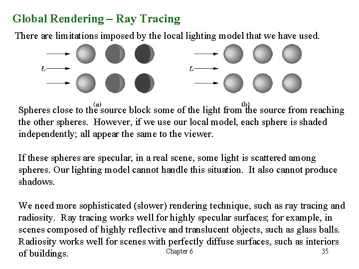 Global Rendering – Ray Tracing There are limitations imposed by the local lighting model Global Rendering – Ray Tracing There are limitations imposed by the local lighting model
