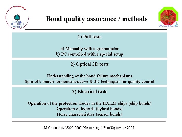 Bond quality assurance / methods 1) Pull tests a) Manually with a gramometer b)