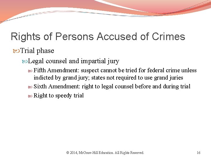 Rights of Persons Accused of Crimes Trial phase Legal counsel and impartial jury Fifth