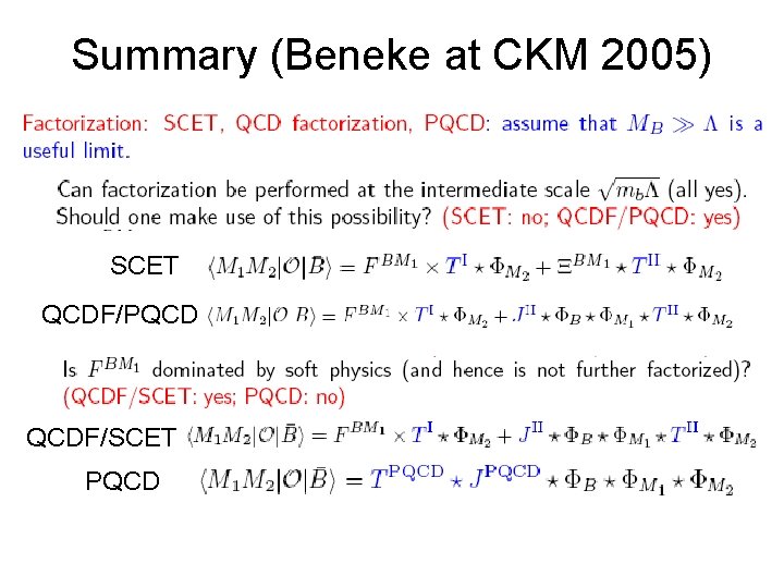 Summary (Beneke at CKM 2005) SCET QCDF/PQCD QCDF/SCET PQCD 