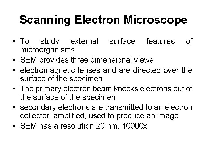 Scanning Electron Microscope • To study external surface features of microorganisms • SEM provides