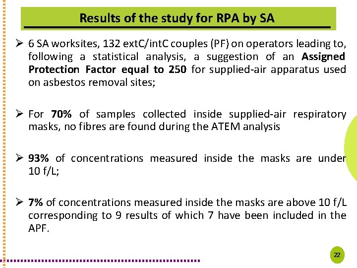 Results of the study for RPA by SA Ø 6 SA worksites, 132 ext.