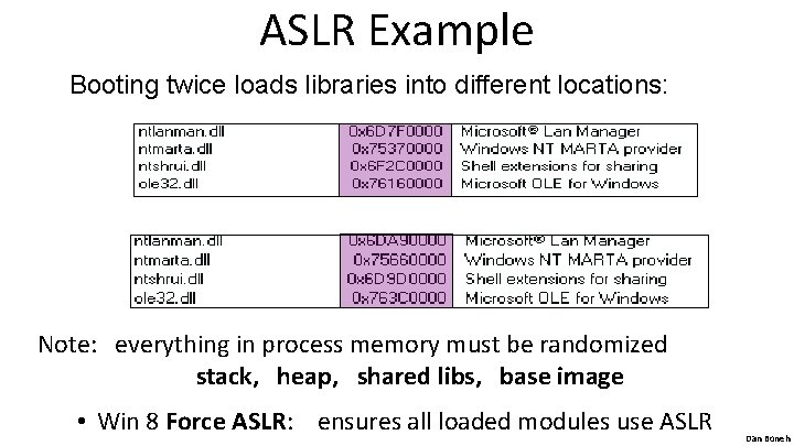 ASLR Example Booting twice loads libraries into different locations: Note: everything in process memory