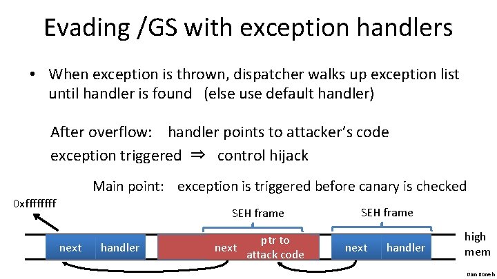 Evading /GS with exception handlers • When exception is thrown, dispatcher walks up exception