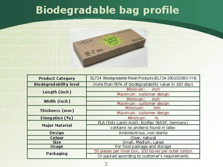 Biodegradable bag profile Product Category EL 724. Biodegradable Resin Products [EL 724 -2002/2/2003 -114]