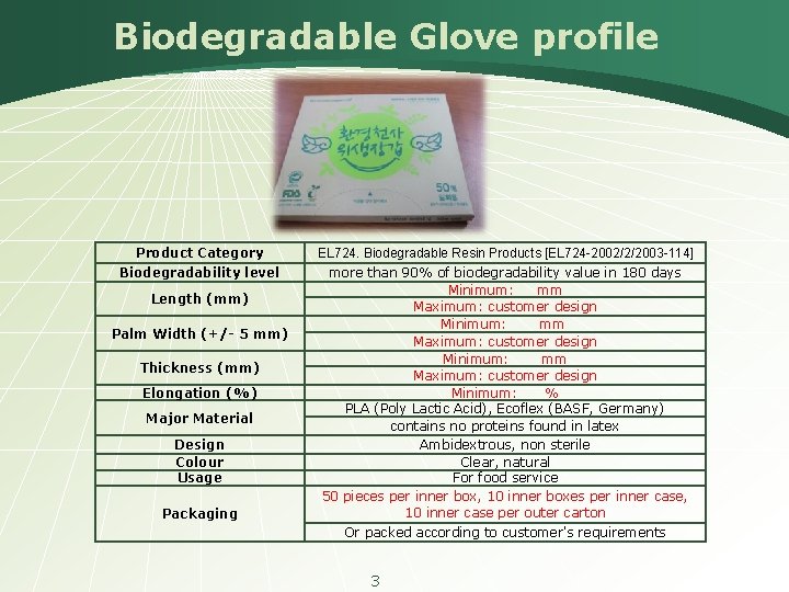 Biodegradable Glove profile Product Category EL 724. Biodegradable Resin Products [EL 724 -2002/2/2003 -114]