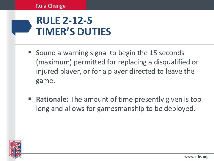 Rule Change RULE 2 -12 -5 TIMER’S DUTIES § Sound a warning signal to
