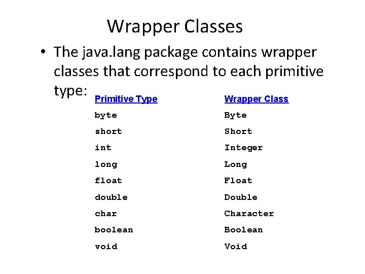 Wrapper Classes • The java. lang package contains wrapper classes that correspond to each Wrapper Classes • The java. lang package contains wrapper classes that correspond to each
