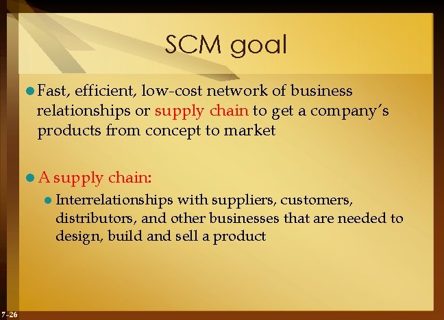 SCM goal l Fast, efficient, low-cost network of business relationships or supply chain to