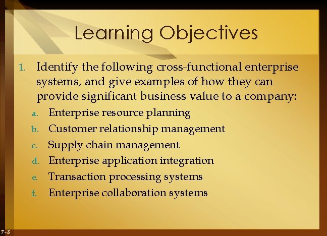 Learning Objectives 1. Identify the following cross-functional enterprise systems, and give examples of how