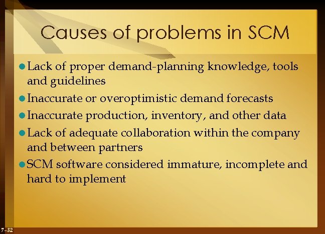 Causes of problems in SCM l Lack of proper demand-planning knowledge, tools and guidelines