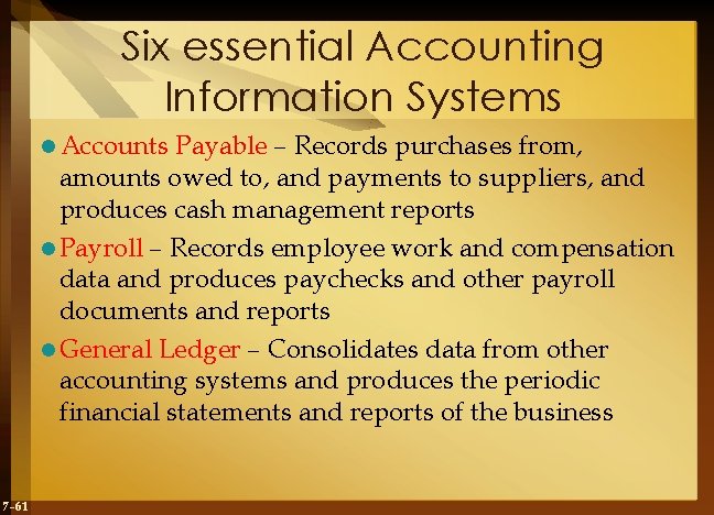 Six essential Accounting Information Systems l Accounts Payable – Records purchases from, amounts owed