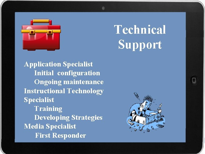 Technical Support Application Specialist Initial configuration Ongoing maintenance Instructional Technology Specialist Training Developing Strategies
