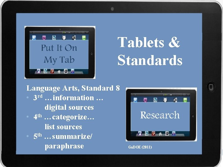 Tablets & Standards Language Arts, Standard 8 • 3 rd …information … digital sources