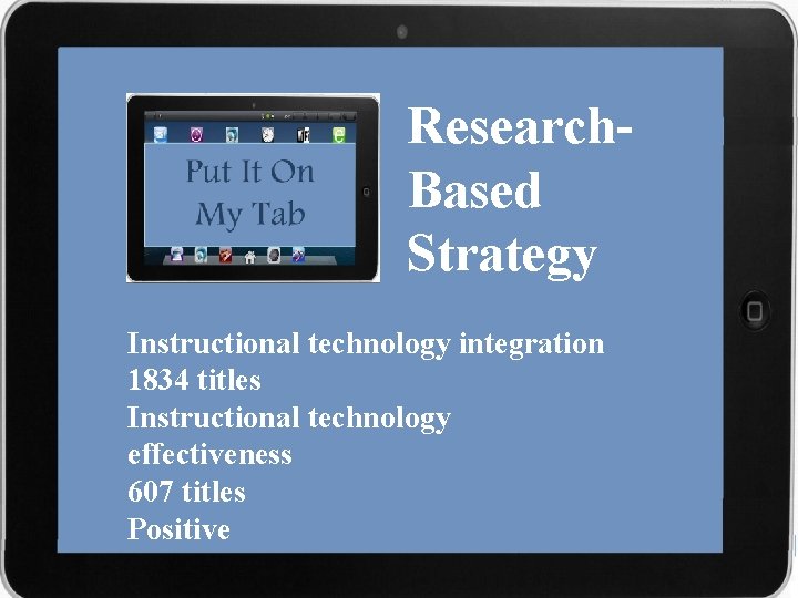 Research. Based Strategy Instructional technology integration 1834 titles Instructional technology effectiveness 607 titles Positive