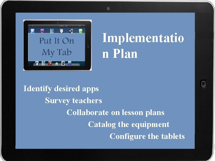 Implementatio n Plan Identify desired apps Survey teachers Collaborate on lesson plans Catalog the