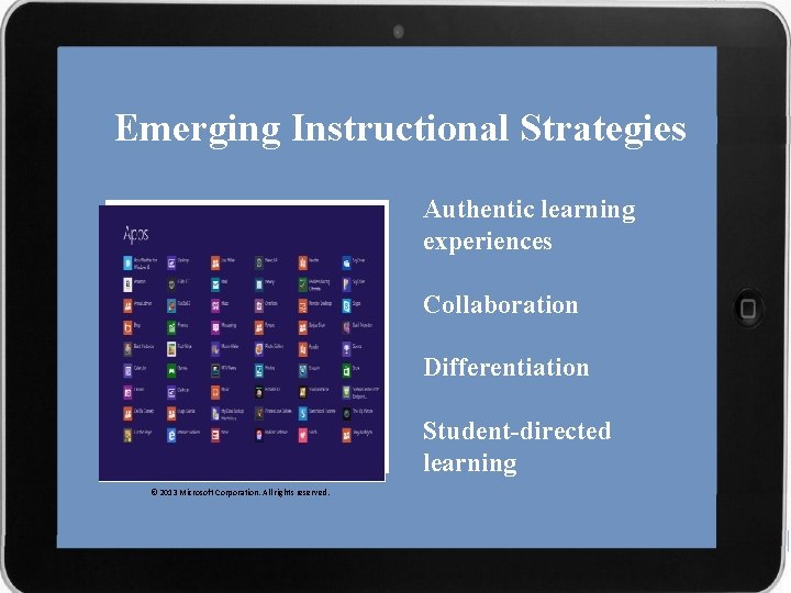 Emerging Instructional Strategies Authentic learning experiences Collaboration Differentiation Student-directed learning © 2013 Microsoft Corporation.