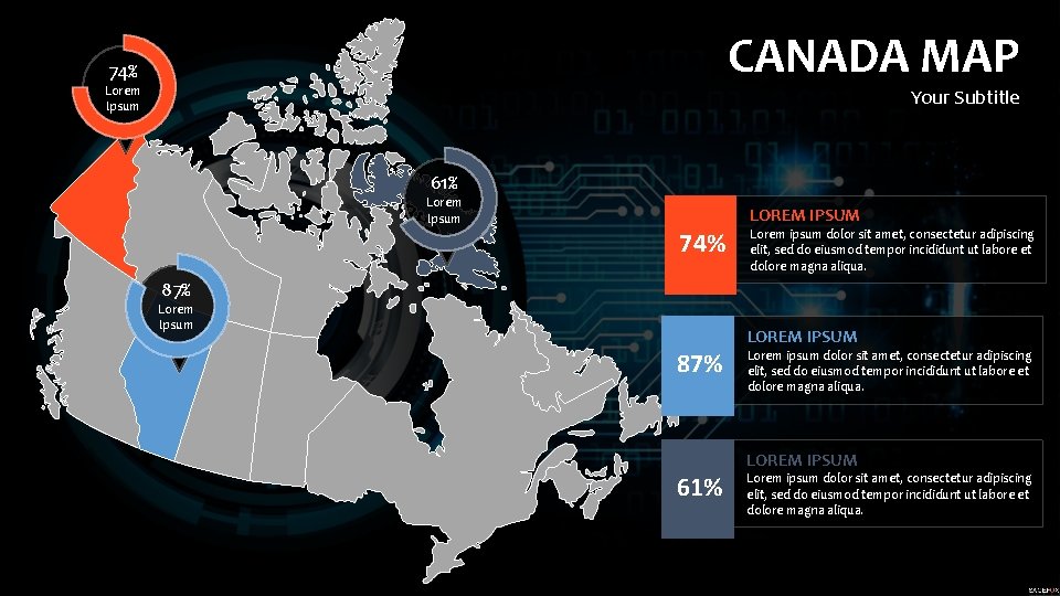 CANADA MAP 74% Lorem Ipsum Your Subtitle 61% Lorem Ipsum 74% LOREM IPSUM Lorem