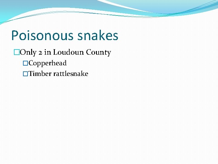 Poisonous snakes �Only 2 in Loudoun County �Copperhead �Timber rattlesnake 