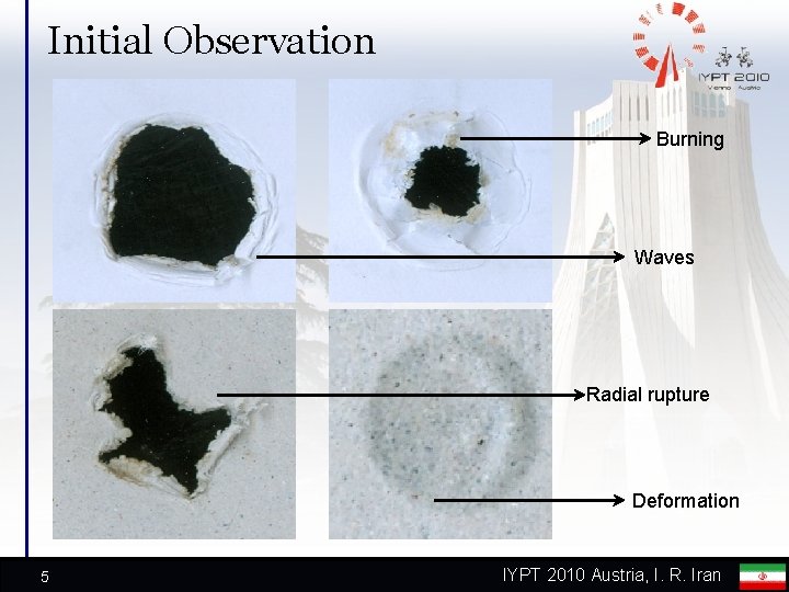 Initial Observation Burning Waves Radial rupture Deformation 5 IYPT 2010 Austria, I. R. Iran