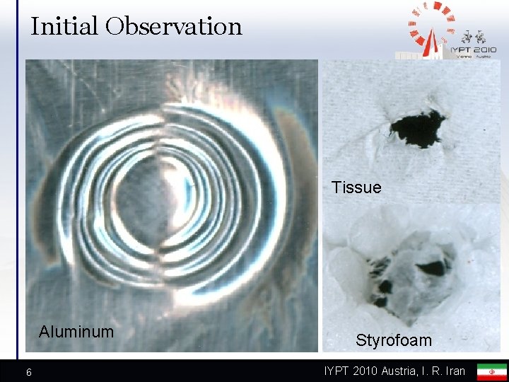 Initial Observation Tissue Aluminum 6 Styrofoam IYPT 2010 Austria, I. R. Iran 