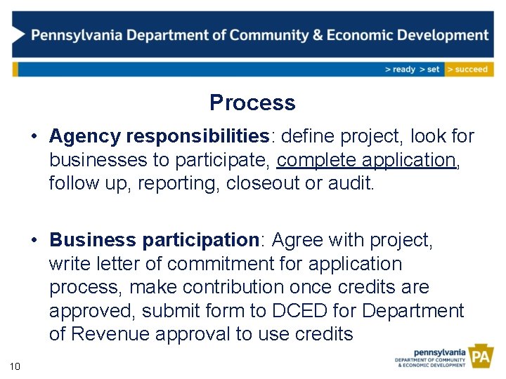 Process • Agency responsibilities: define project, look for businesses to participate, complete application, follow