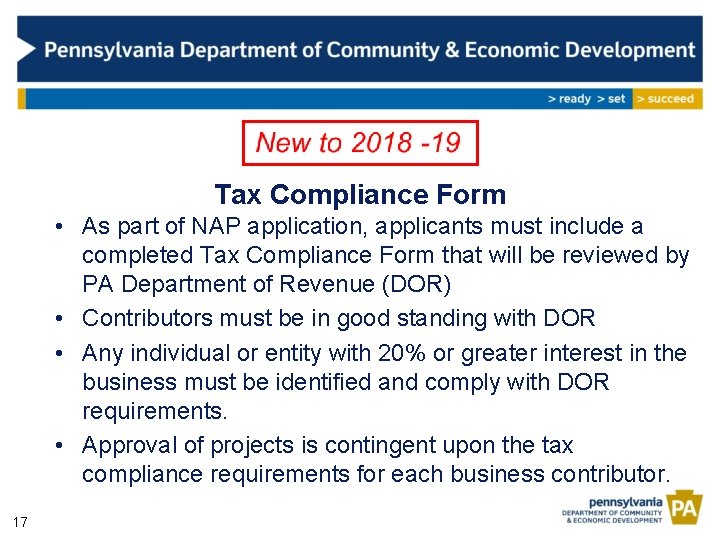 Tax Compliance Form • As part of NAP application, applicants must include a completed