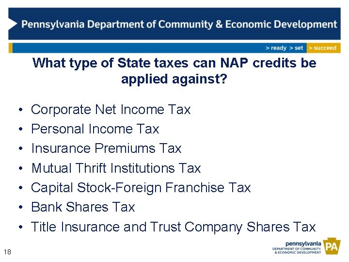 What type of State taxes can NAP credits be applied against? • • 18