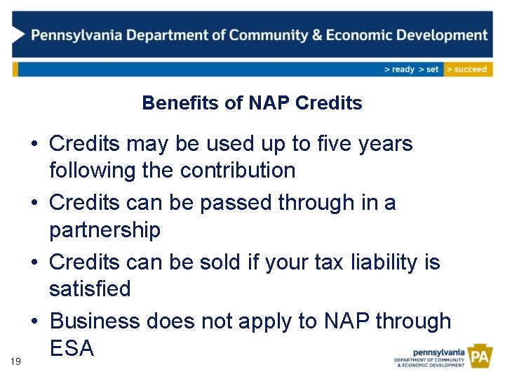 Benefits of NAP Credits 19 • Credits may be used up to five years