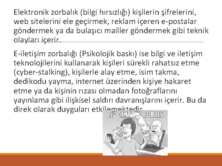 Elektronik zorbalık (bilgi hırsızlığı) kişilerin şifrelerini, web sitelerini ele geçirmek, reklam içeren e-postalar göndermek