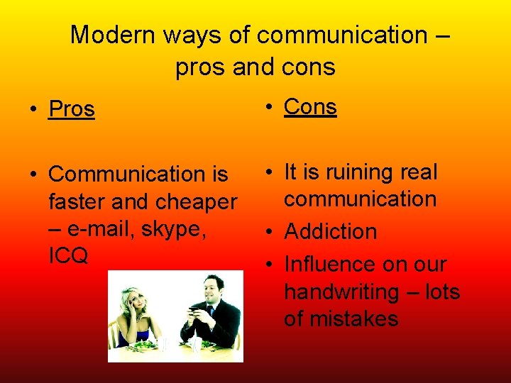 Modern ways of communication – pros and cons • Pros • Cons • Communication