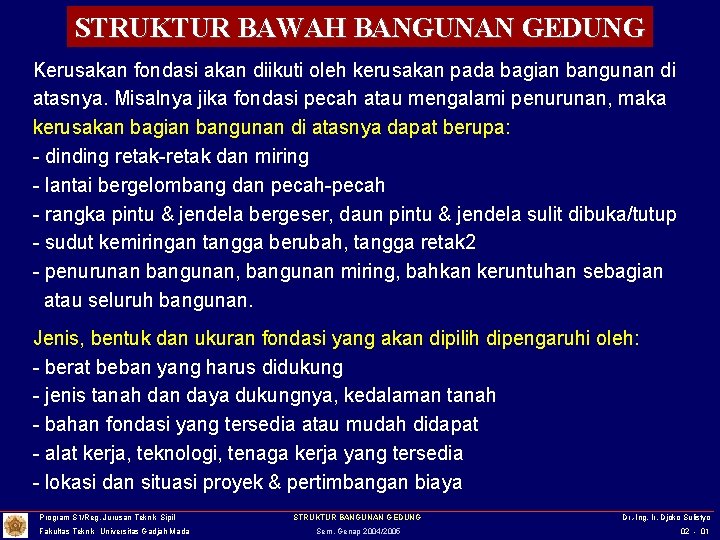 STRUKTUR BAWAH BANGUNAN GEDUNG Kerusakan fondasi akan diikuti oleh kerusakan pada bagian bangunan di