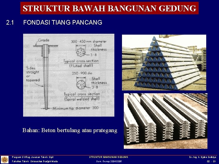 STRUKTUR BAWAH BANGUNAN GEDUNG 2. 1 FONDASI TIANG PANCANG Bahan: Beton bertulang atau prategang