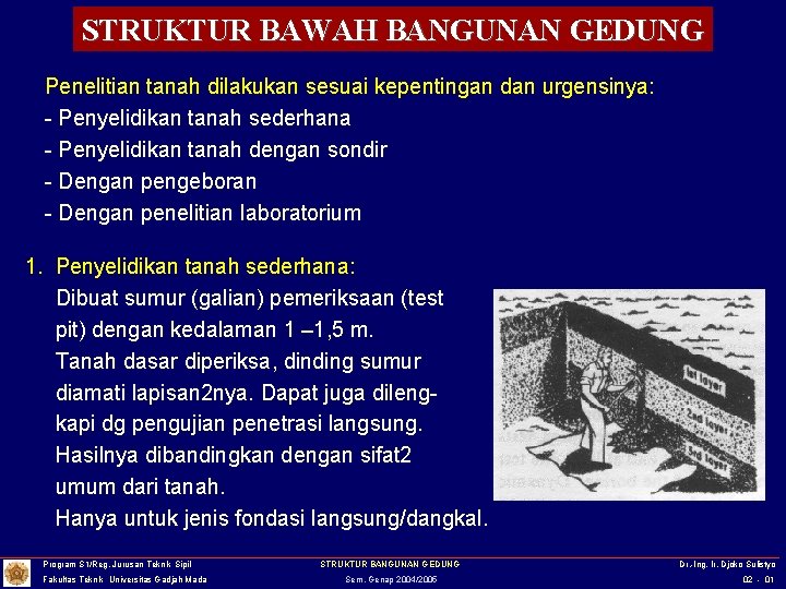 STRUKTUR BAWAH BANGUNAN GEDUNG Penelitian tanah dilakukan sesuai kepentingan dan urgensinya: - Penyelidikan tanah