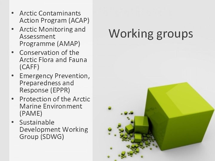  • Arctic Contaminants Action Program (ACAP) • Arctic Monitoring and Assessment Programme (AMAP)