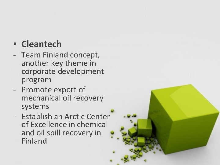  • Cleantech - Team Finland concept, another key theme in corporate development program