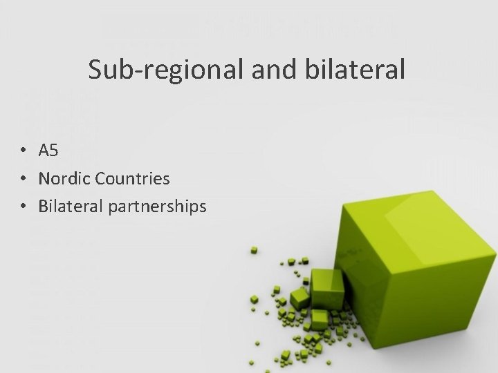 Sub-regional and bilateral • A 5 • Nordic Countries • Bilateral partnerships 