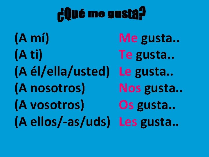 (A mí) (A ti) (A él/ella/usted) (A nosotros) (A vosotros) (A ellos/-as/uds) Me gusta.