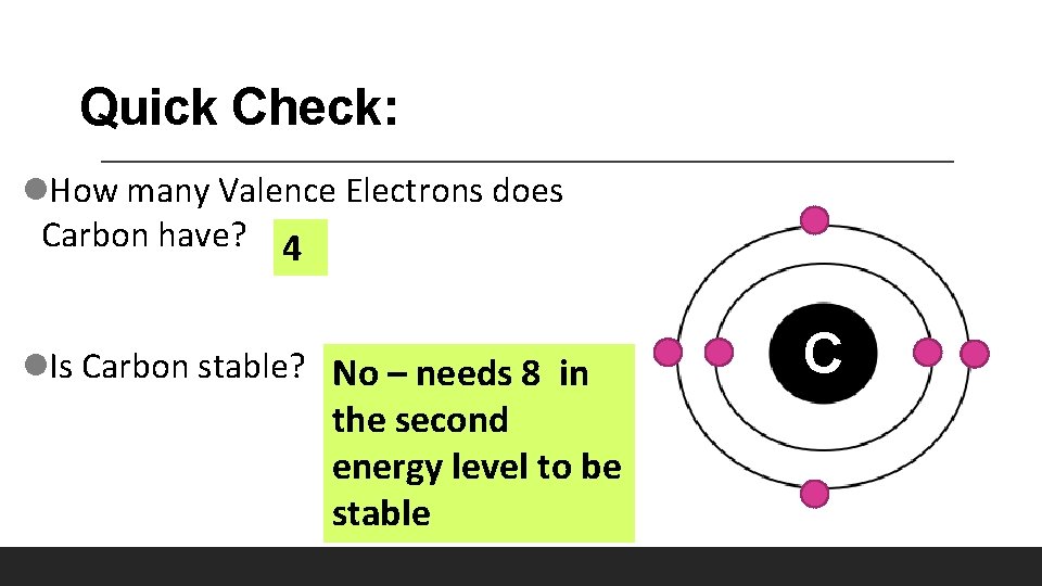 Quick Check: l. How many Valence Electrons does Carbon have? 4 l. Is Carbon