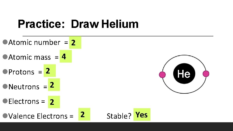 Practice: Draw Helium l. Atomic number = 2 l. Atomic mass = 4 l.