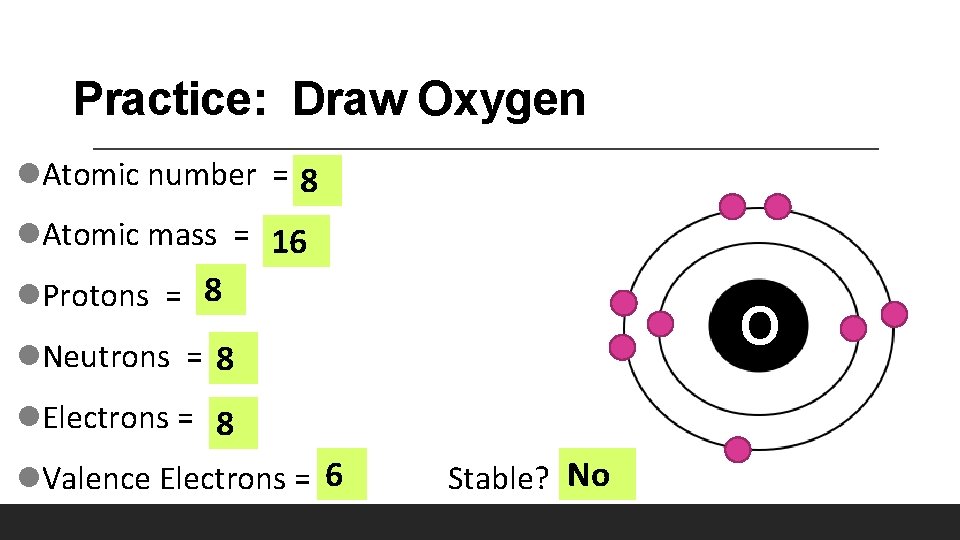 Practice: Draw Oxygen l. Atomic number = 8 l. Atomic mass = 16 l.