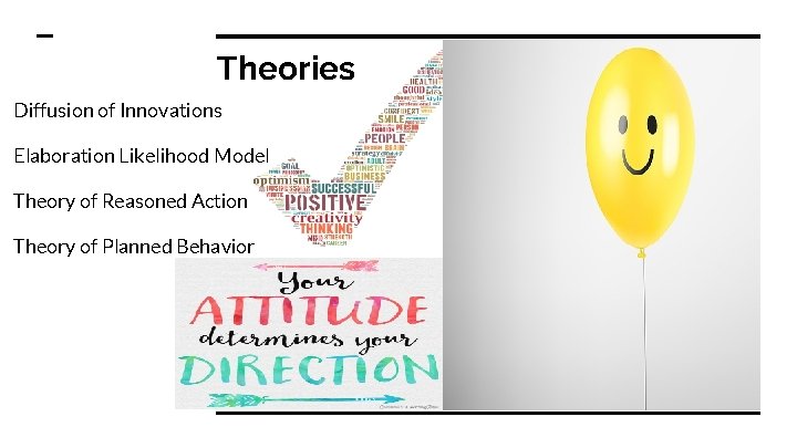 Theories Diffusion of Innovations Elaboration Likelihood Model Theory of Reasoned Action Theory of Planned