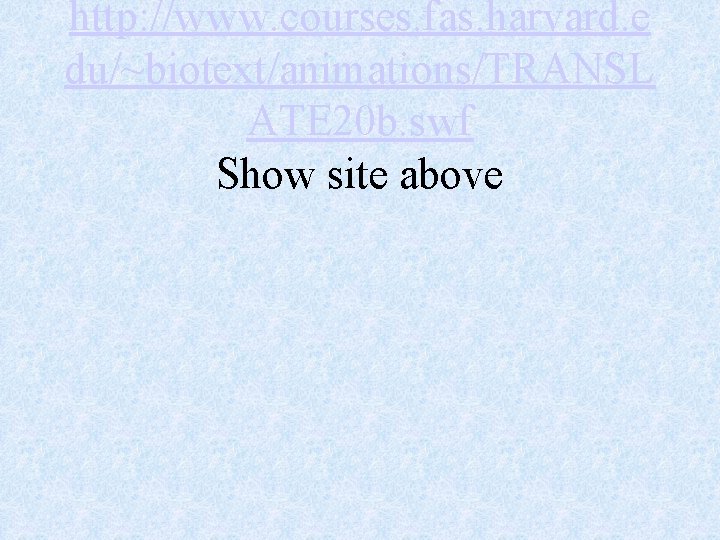 http: //www. courses. fas. harvard. e du/~biotext/animations/TRANSL ATE 20 b. swf Show site above