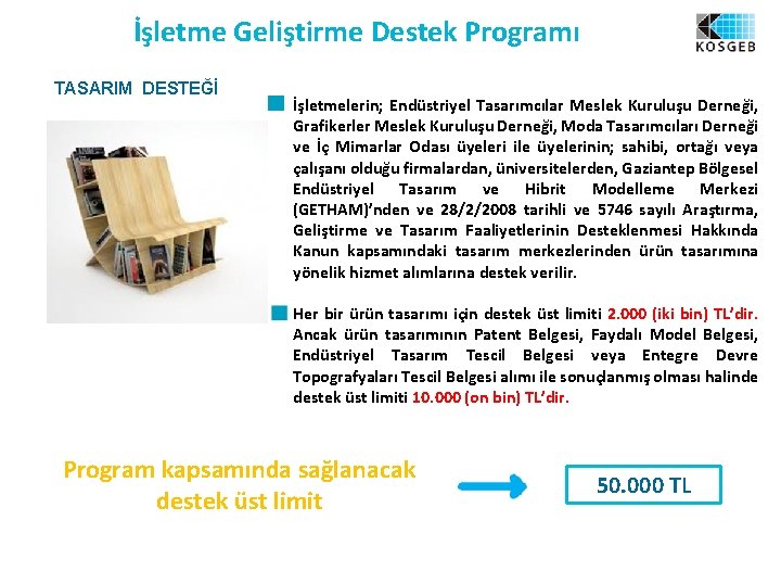 İşletme Geliştirme Destek Programı TASARIM DESTEĞİ İşletmelerin; Endüstriyel Tasarımcılar Meslek Kuruluşu Derneği, Grafikerler Meslek