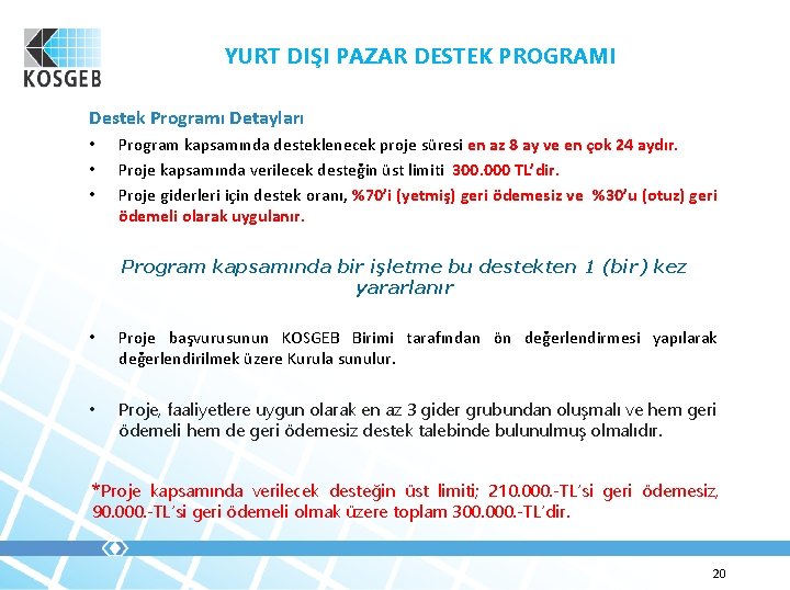 YURT DIŞI PAZAR DESTEK PROGRAMI Destek Programı Detayları • • • Program kapsamında desteklenecek