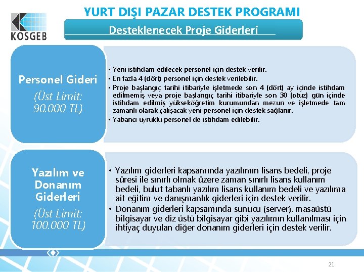 YURT DIŞI PAZAR DESTEK PROGRAMI Desteklenecek Proje Giderleri Personel Gideri (Üst Limit: 90. 000