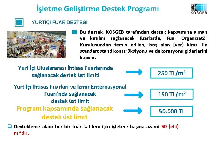 İşletme Geliştirme Destek Programı YURTİÇİ FUAR DESTEĞİ Bu destek, KOSGEB tarafından destek kapsamına alınan