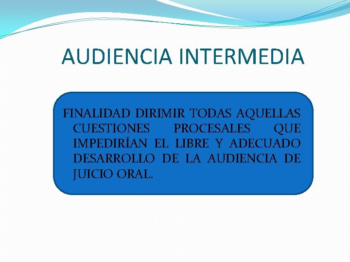 AUDIENCIA INTERMEDIA FINALIDAD DIRIMIR TODAS AQUELLAS CUESTIONES PROCESALES QUE IMPEDIRÍAN EL LIBRE Y ADECUADO