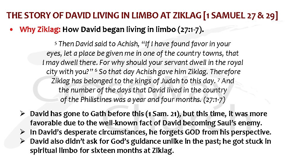 THE STORY OF DAVID LIVING IN LIMBO AT ZIKLAG [1 SAMUEL 27 & 29]