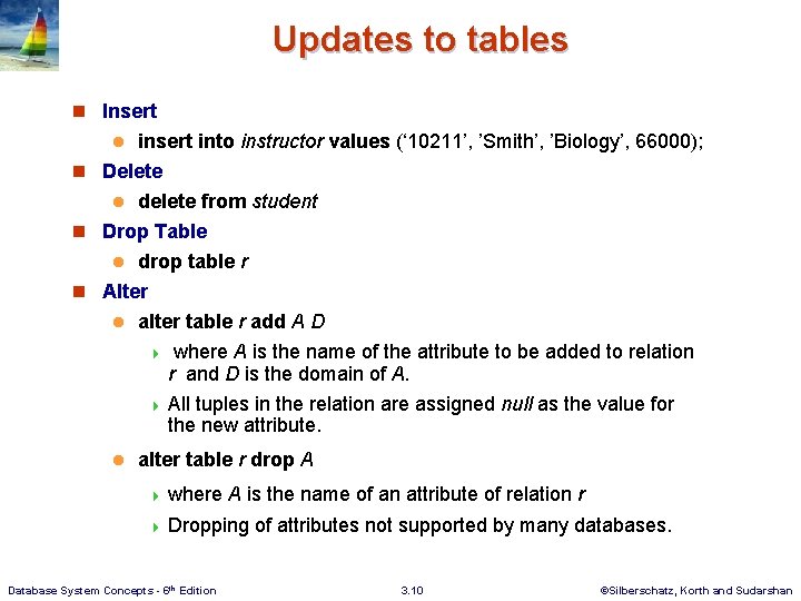 Updates to tables n Insert into instructor values (‘ 10211’, ’Smith’, ’Biology’, 66000); n